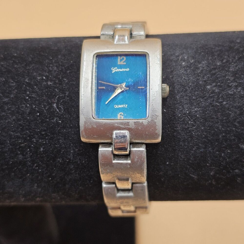Vintage Geneva Ladies Tank Watch Blue Dial Silver Tone Case Japan Movt Running